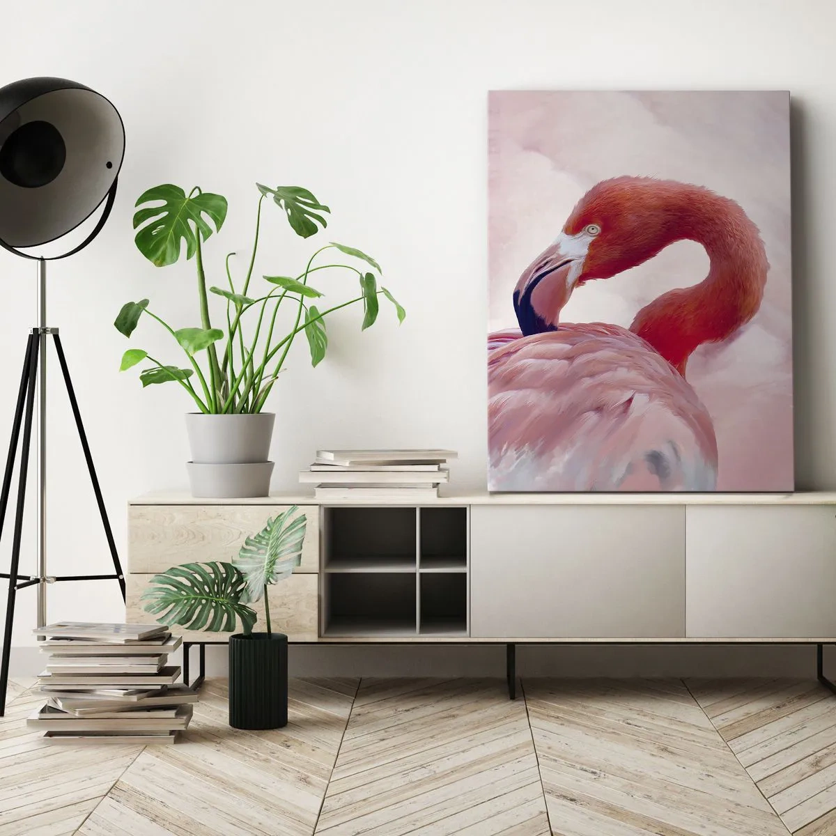 Cuadro sobre lienzo - Impresión de Imagen - Un flamenco en tonos rosados sobre un fondo claro. - 50x70cm - La belleza de las aves - Decoración de pared moderna para salón y dormitorio ARTTOR