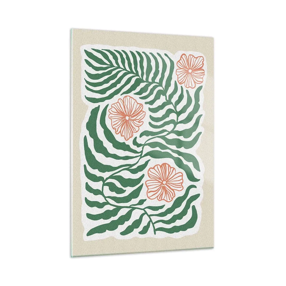 Cuadro sobre vidrio - Impresiones sobre Vidrio - Hojas verdes y flores rojas en un arreglo gráfico. - 50x70cm - Florecido en verde - Decoración de pared moderna para salón y dormitorio ARTTOR