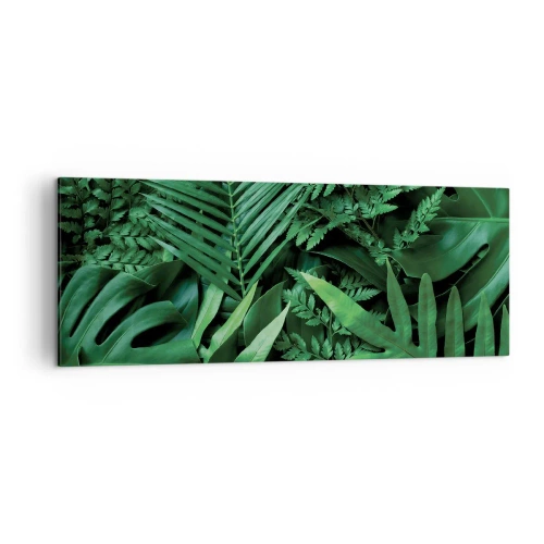 Cuadro sobre lienzo - Impresión de Imagen - Hojas tropicales verdes en una composición densa y natural. - 140x50cm - Abrazo verde - Decoración de pared moderna para salón y dormitorio ARTTOR