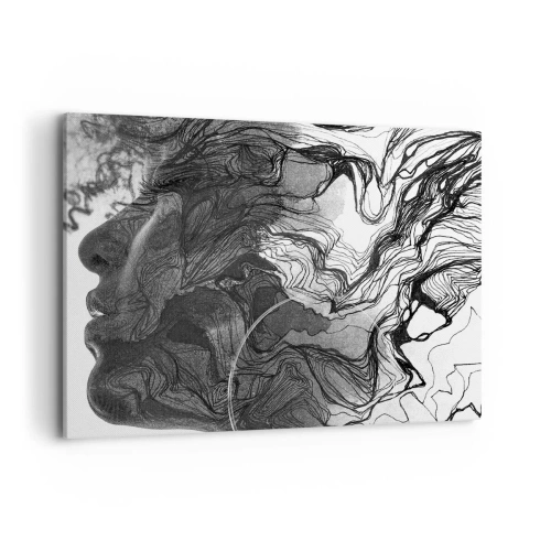 Cuadro sobre lienzo - Impresión de Imagen - Rostro abstracto en blanco y negro con líneas dinámicas. - 100x70cm - Enredada en sueños - Decoración de pared moderna para salón y dormitorio ARTTOR