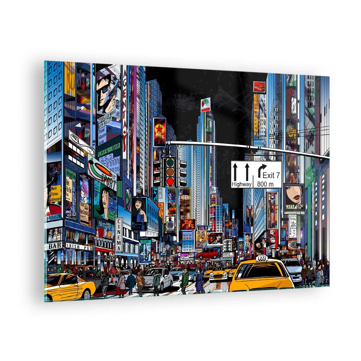 Cuadro sobre vidrio - Impresiones sobre Vidrio - Una calle concurrida con taxis amarillos y letreros de neón. - 70x50cm - Noche de cómic - Decoración de pared moderna para salón y dormitorio ARTTOR