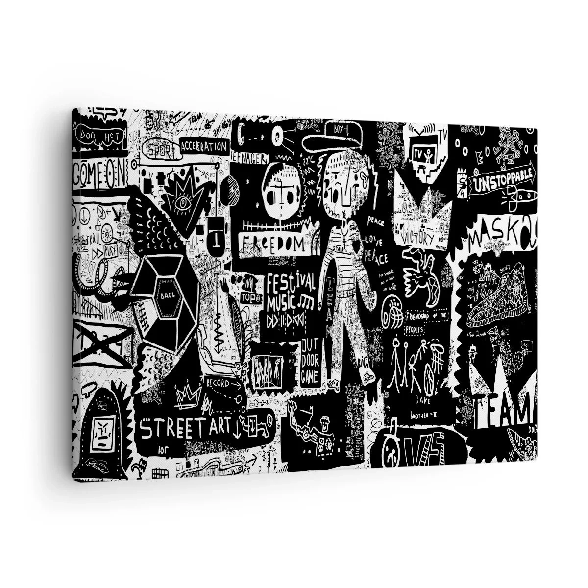 Cuadro sobre lienzo - Impresión de Imagen - Collage en blanco y negro inspirado en el arte callejero - 70x50cm - La juventud espiritual de la ley y la alegría - Decoración de pared moderna para salón y dormitorio ARTTOR