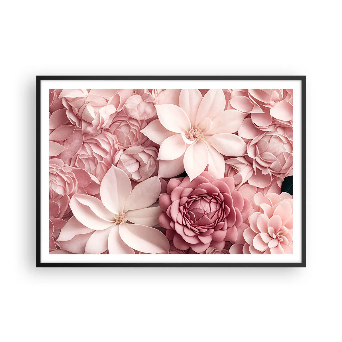 Póster en marco negro - Flores en tonos rosa y blanco en un enfoque artístico. - 100x70cm - Entre pétalos rosas - Decoración de pared moderna para salón y dormitorio ARTTOR