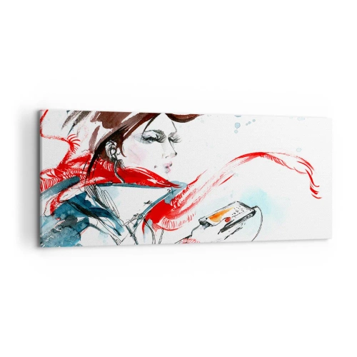 Cuadro sobre lienzo - Impresión de Imagen - Una mujer con un pañuelo rojo con pinceladas dinámicas de acuarela. - 120x50cm - Algo suena dentro de mí - Decoración de pared moderna para salón y dormitorio ARTTOR