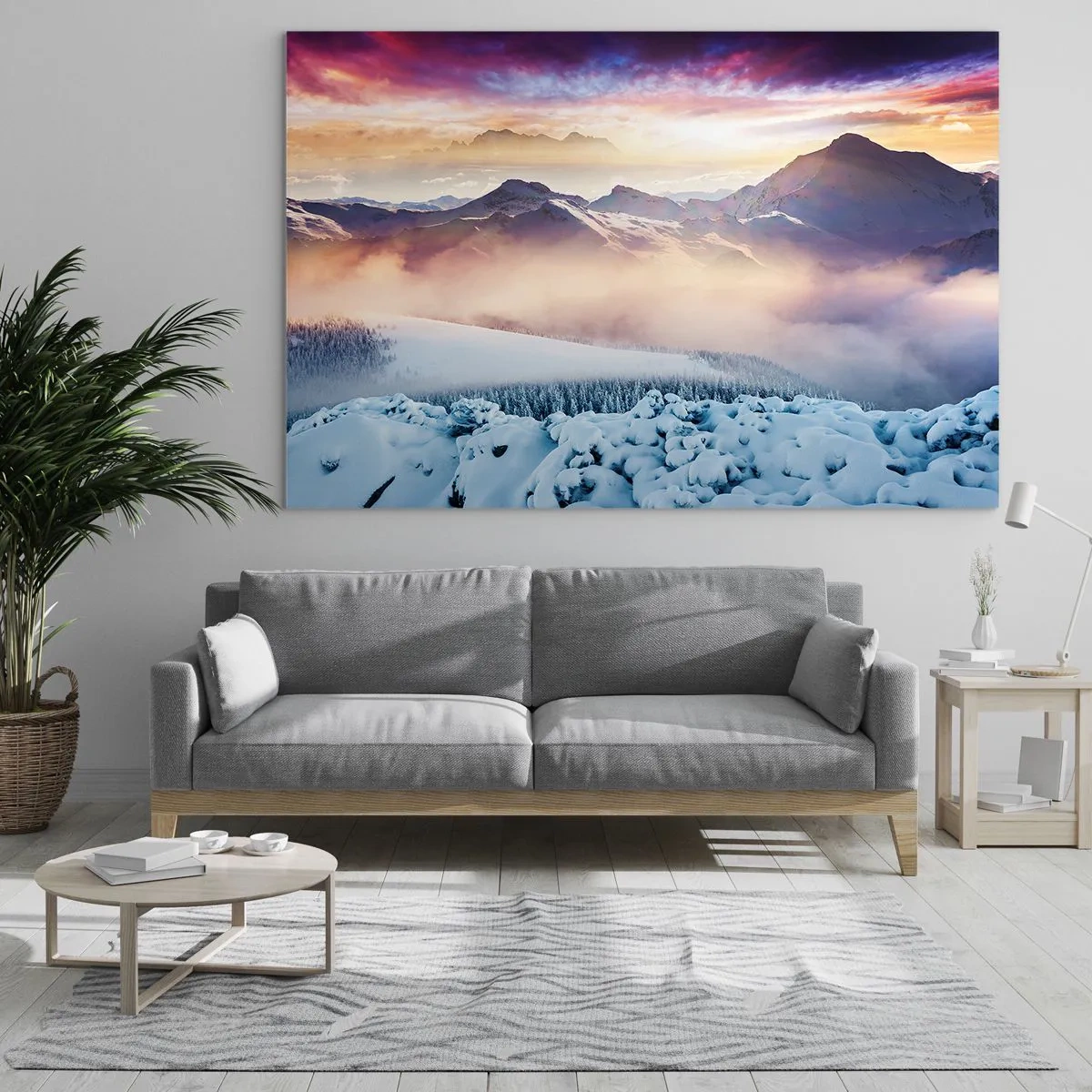 Cuadro sobre vidrio - Impresiones sobre Vidrio - Paisaje invernal de montaña con puesta de sol y niebla - 120x80cm - La fuerza y la pureza de la naturaleza - Decoración de pared moderna para salón y dormitorio ARTTOR