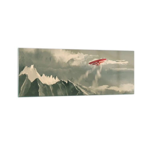 Cuadro sobre vidrio - Impresiones sobre Vidrio - Avión rojo sobre montañas nevadas - 140x50cm - Pionero sin miedo - Decoración de pared moderna para salón y dormitorio ARTTOR
