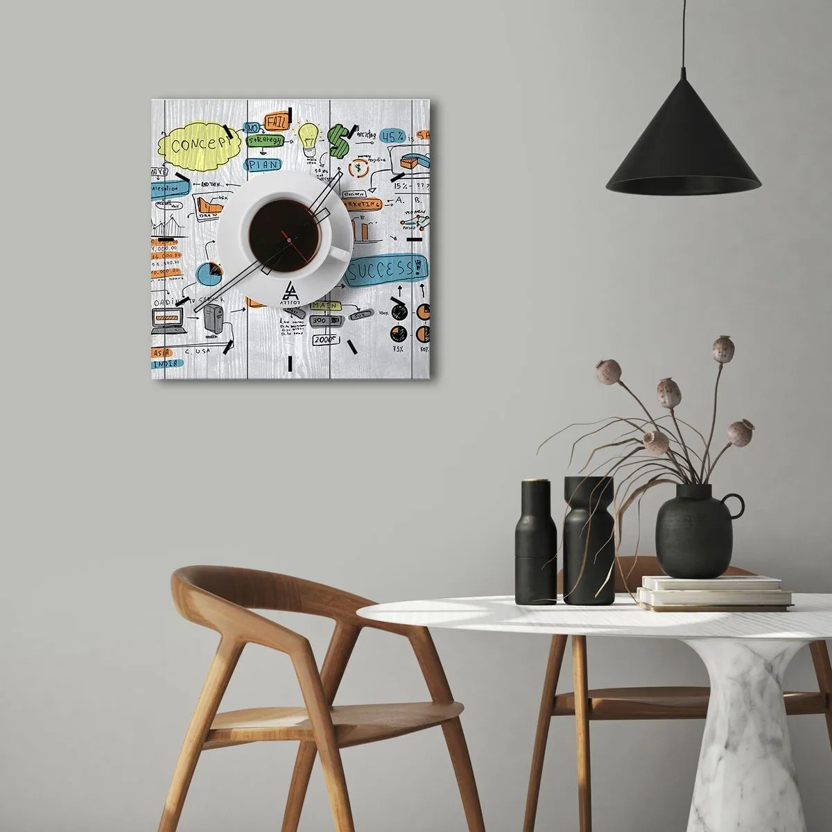 Reloj de pared - Reloj de vidrio - Una taza de café sobre el fondo de un dibujo conceptual. - 30x30cm - Tiempo de descanso - Decoración de pared moderna para salón y dormitorio ARTTOR
