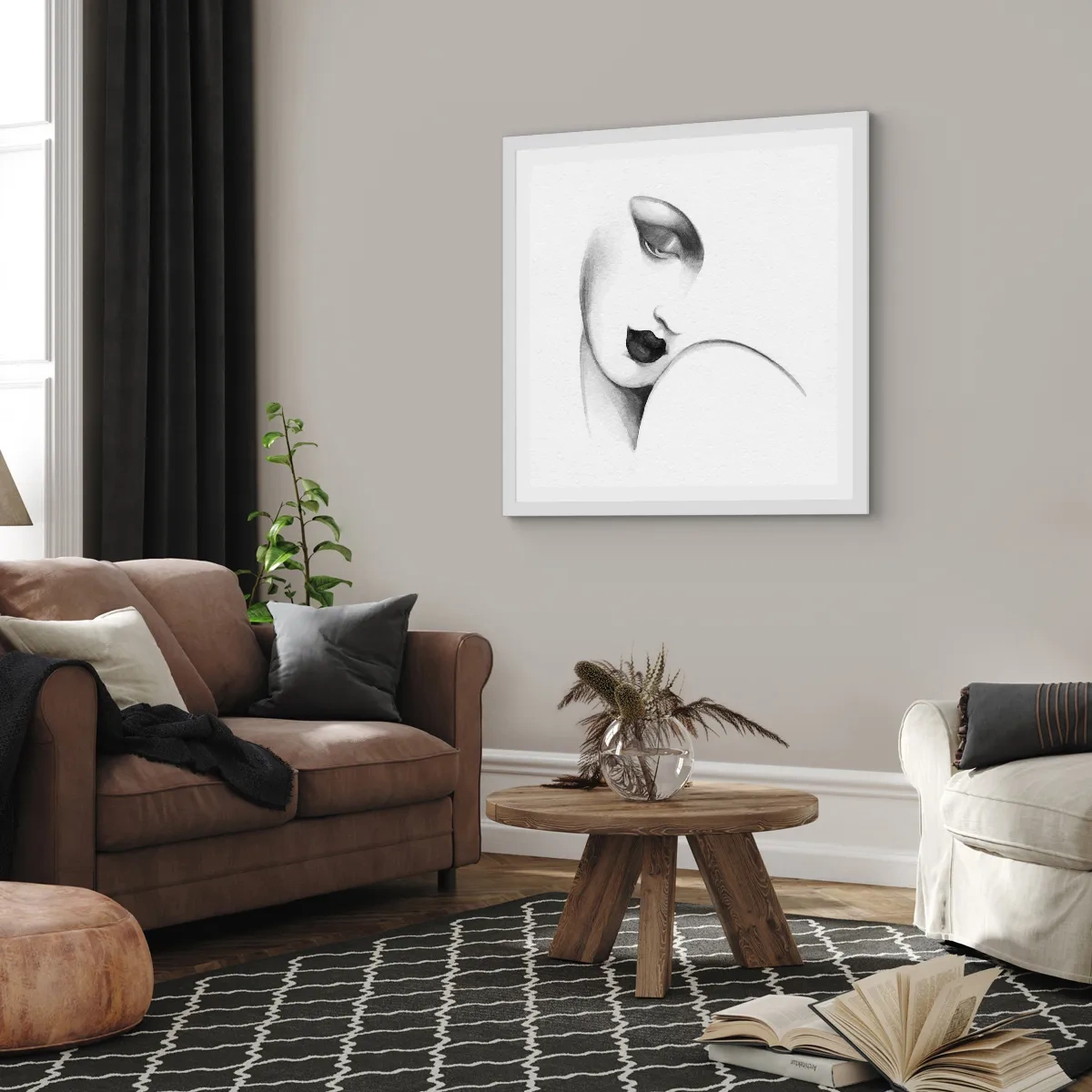 Póster en marco blanco - Pensativa - 60x60 cm