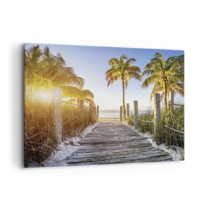 Cuadro sobre lienzo - Impresión de Imagen - Camino de madera en la playa con palmeras al fondo - 100x70cm - Directo al paraíso - Decoración de pared moderna para salón y dormitorio ARTTOR