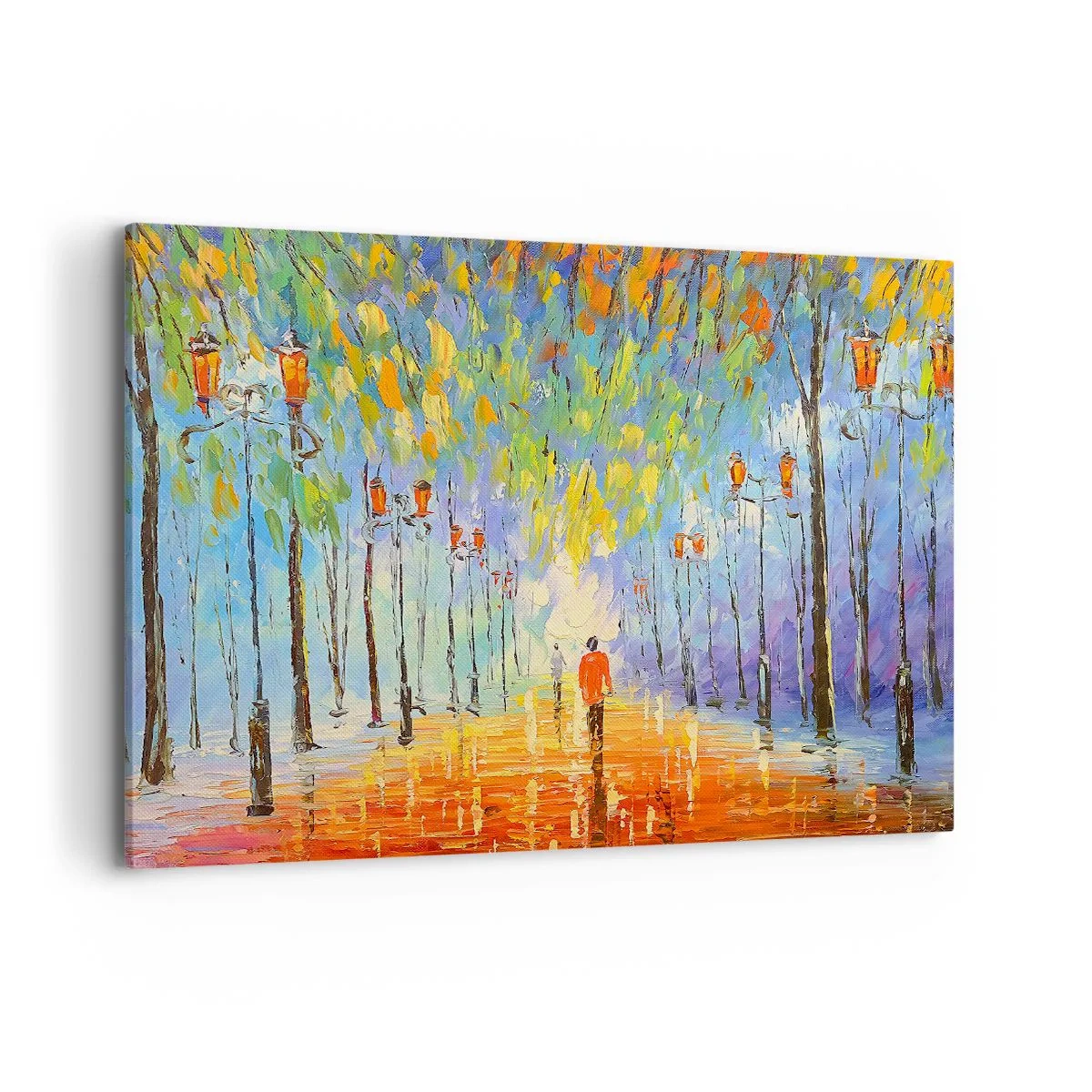 Cuadro sobre lienzo - Impresión de Imagen - Un pintoresco paseo entre los faroles en una noche lluviosa. - 100x70cm - La canción nocturna de la lluvia - Decoración de pared moderna para salón y dormitorio ARTTOR