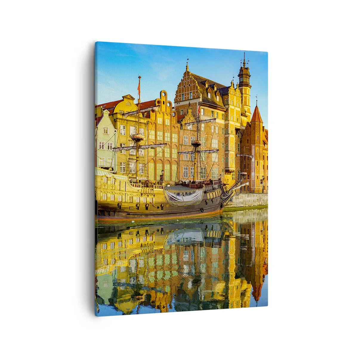Cuadro sobre lienzo - Impresión de Imagen - Una vista pintoresca del casco antiguo con un velero y agua. - 50x70cm - Un espejo del pasado - Decoración de pared moderna para salón y dormitorio ARTTOR