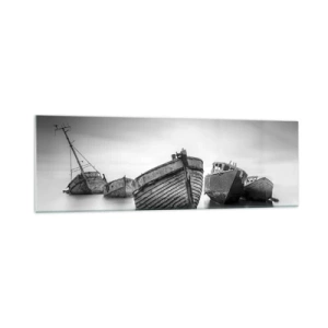Cuadro sobre vidrio - Impresiones sobre Vidrio - Barcos abandonados en aguas tranquilas - 160x50cm - Ahora solo quedan los recuerdos... - Decoración de pared moderna para salón y dormitorio ARTTOR