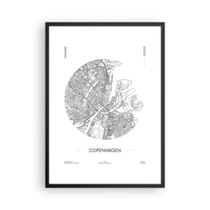 Póster en marco negro - Un mapa minimalista de Copenhague en blanco y negro. - 50x70cm - Anatomía de Copenhague - Decoración de pared moderna para salón y dormitorio ARTTOR