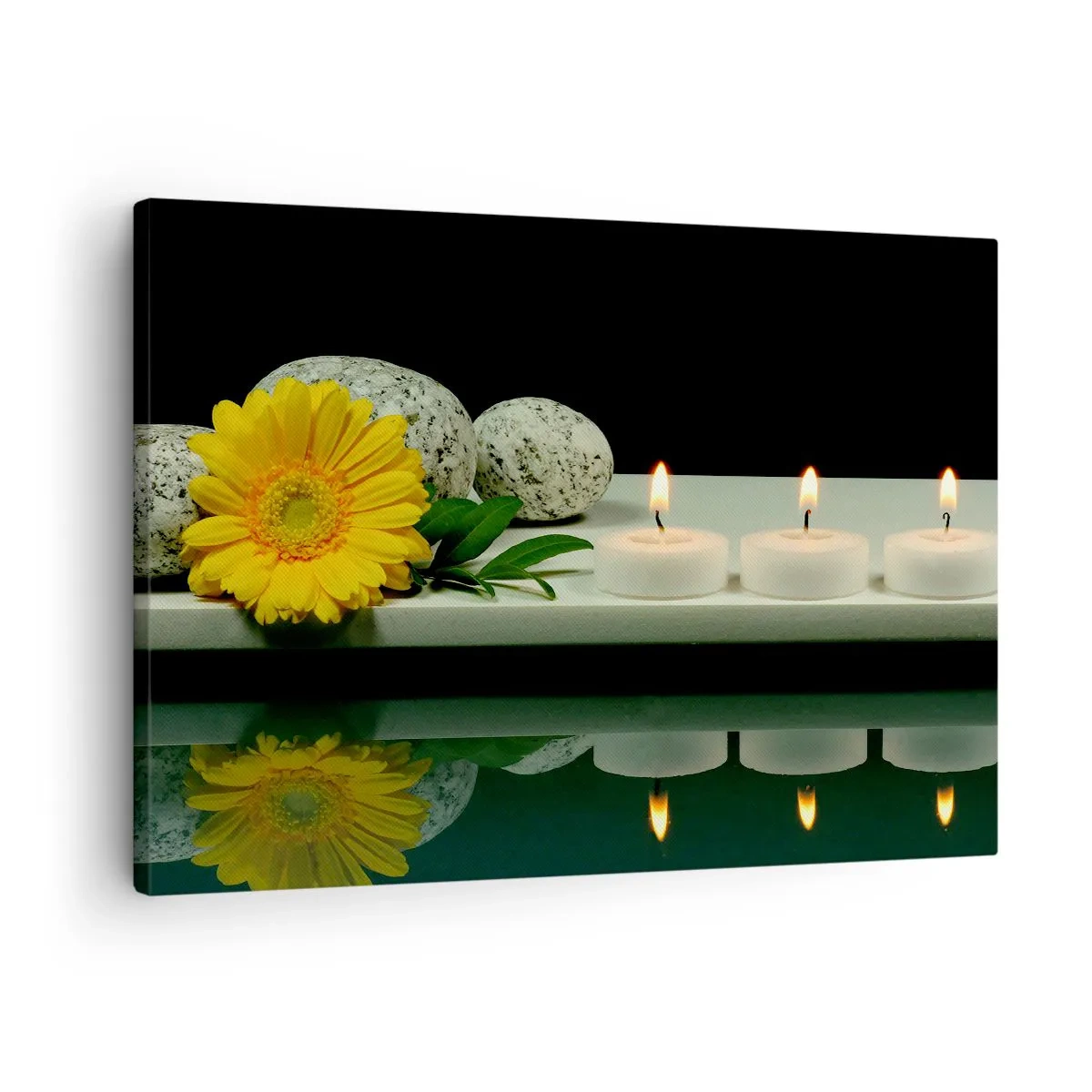 Cuadro sobre lienzo - Impresión de Imagen - Flor amarilla, velas y piedras sobre el fondo del agua. - 70x50cm - Calmar los sentidos - Decoración de pared moderna para salón y dormitorio ARTTOR