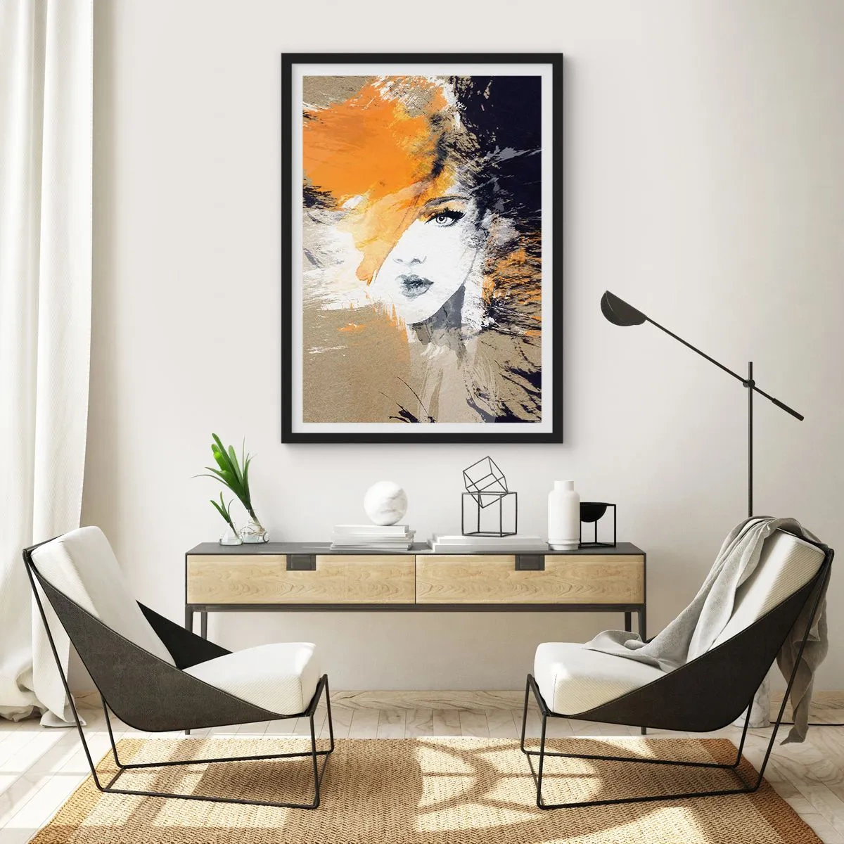 Póster en marco negro - Retrato de una mujer en estilo artístico con acentos naranjas. - 50x70cm - Y se convierte en luz - Decoración de pared moderna para salón y dormitorio ARTTOR