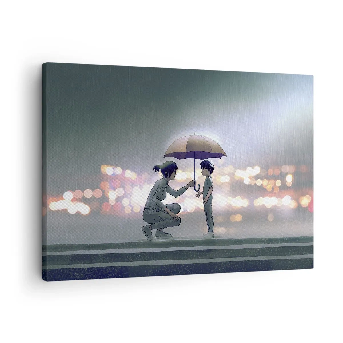 Cuadro sobre lienzo - Impresión de Imagen - Una figura con un paraguas protegiendo a un niño contra el fondo de luces nocturnas. - 70x50cm - Y todo está bien - Decoración de pared moderna para salón y dormitorio ARTTOR