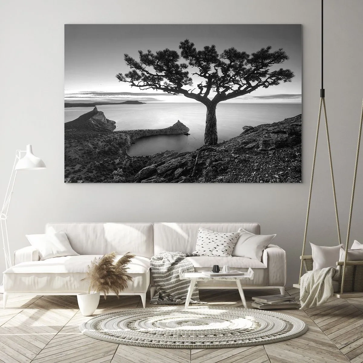 Cuadro sobre vidrio - Impresiones sobre Vidrio - Un árbol en un acantilado con vistas a la bahía. - 100x70cm - Calma hasta el horizonte - Decoración de pared moderna para salón y dormitorio ARTTOR