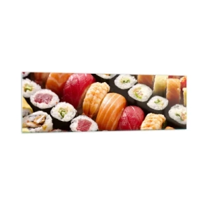 Cuadro sobre vidrio - Impresiones sobre Vidrio - Sushi colorido dispuesto en filas con diversos ingredientes. - 160x50cm - Colores y sabores de Asia - Decoración de pared moderna para salón y dormitorio ARTTOR