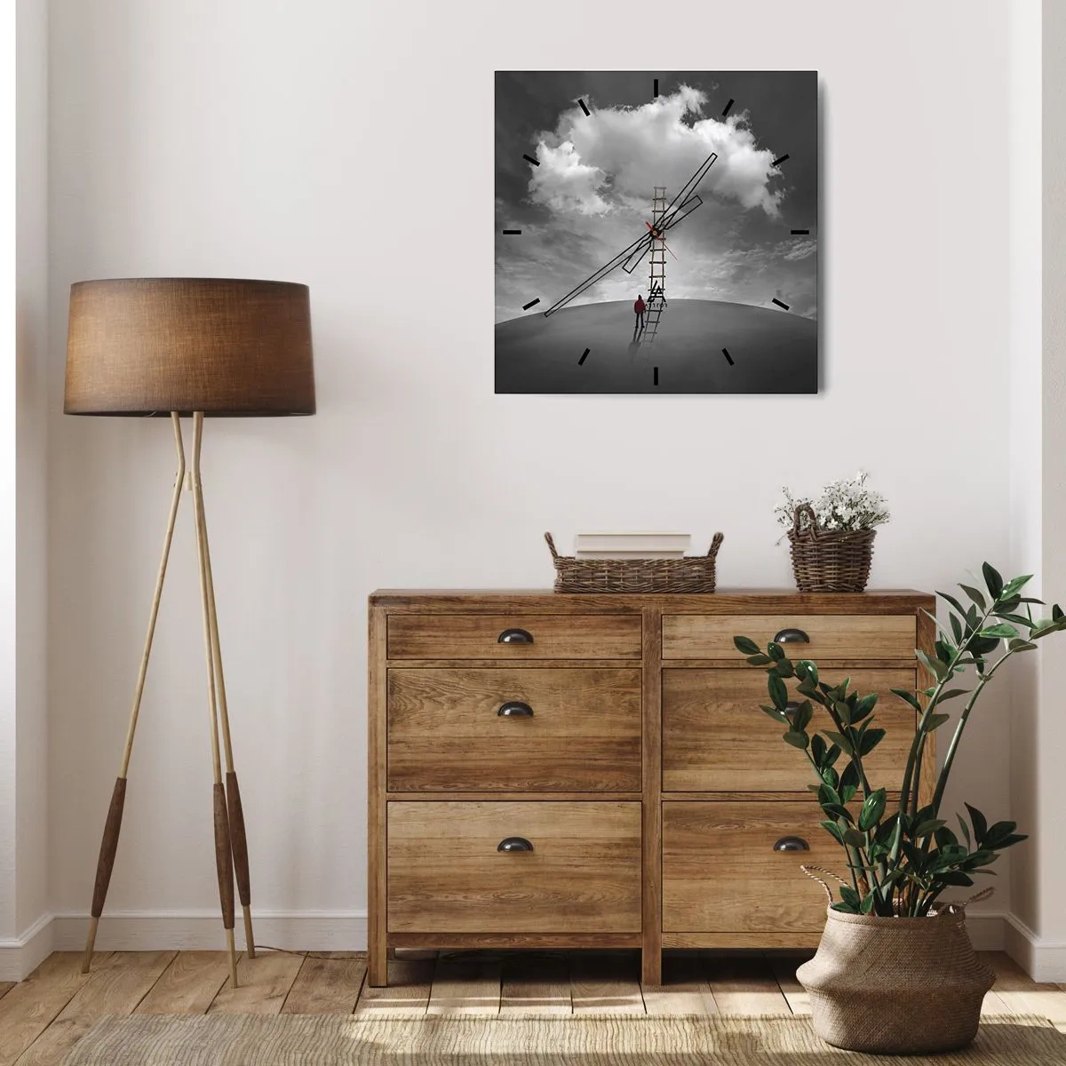 Reloj de pared - Reloj de vidrio - Una persona con un abrigo rojo y una escalera que conduce a una nube. - 30x30cm - Todo es posible - Decoración de pared moderna para salón y dormitorio ARTTOR