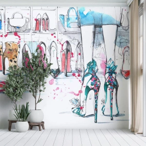 Fotomural Premium Sand - Ilustración artística de zapatos y piernas de mujer en un probador. - 100x70cm - Ábrete, sésamo - Decoración de pared moderna para salón y dormitorio ARTTOR