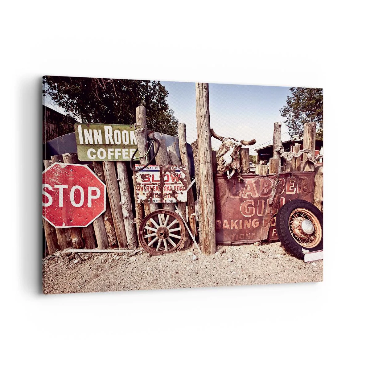 Cuadro sobre lienzo - Impresión de Imagen - Decoraciones rústicas con letreros y una rueda en la valla. - 100x70cm - Y el tiempo se detuvo - Decoración de pared moderna para salón y dormitorio ARTTOR