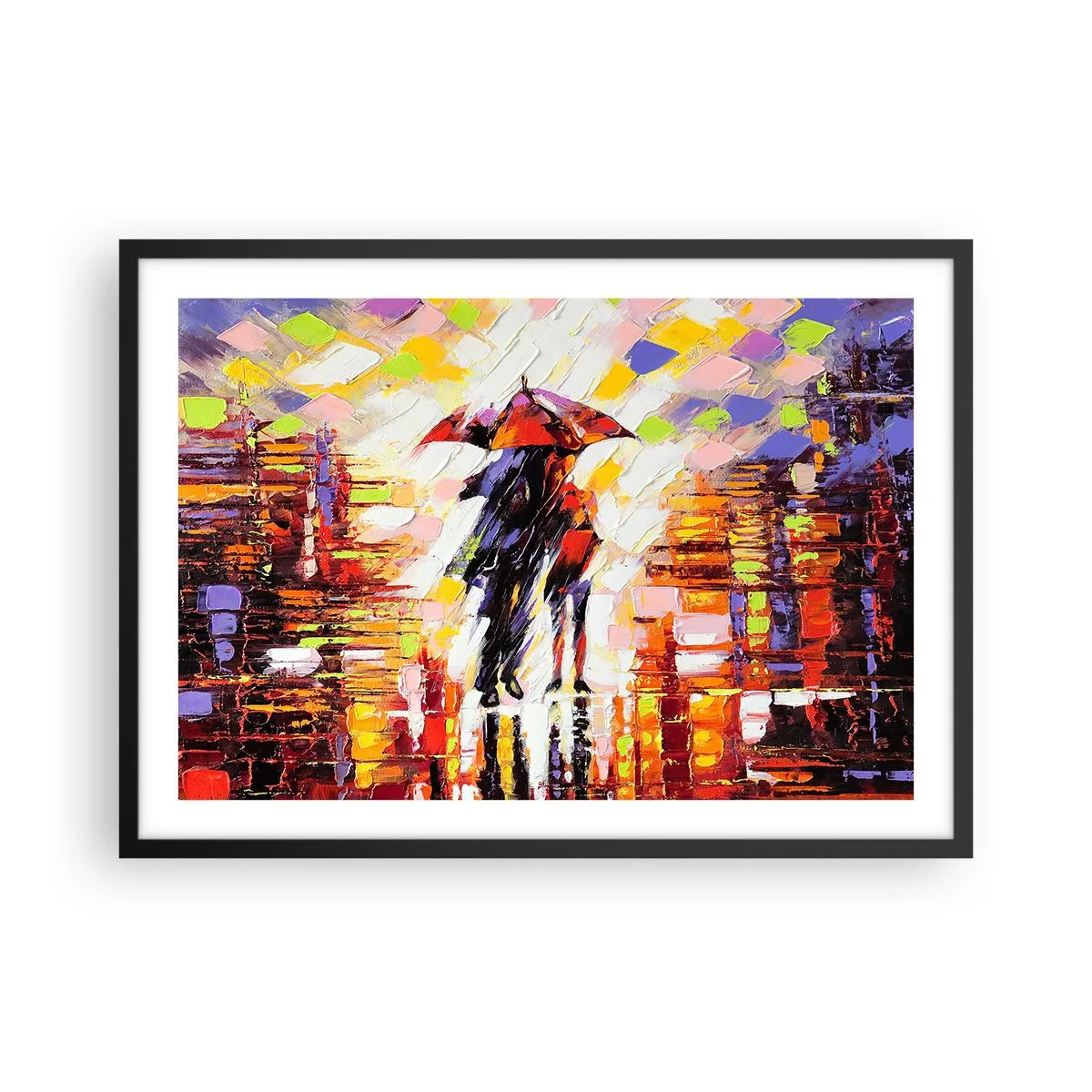 Póster en marco negro - Una escena abstracta de un paseo bajo un paraguas en una noche lluviosa. - 70x50cm - Juntos a través de la noche y la lluvia - Decoración de pared moderna para salón y dormitorio ARTTOR