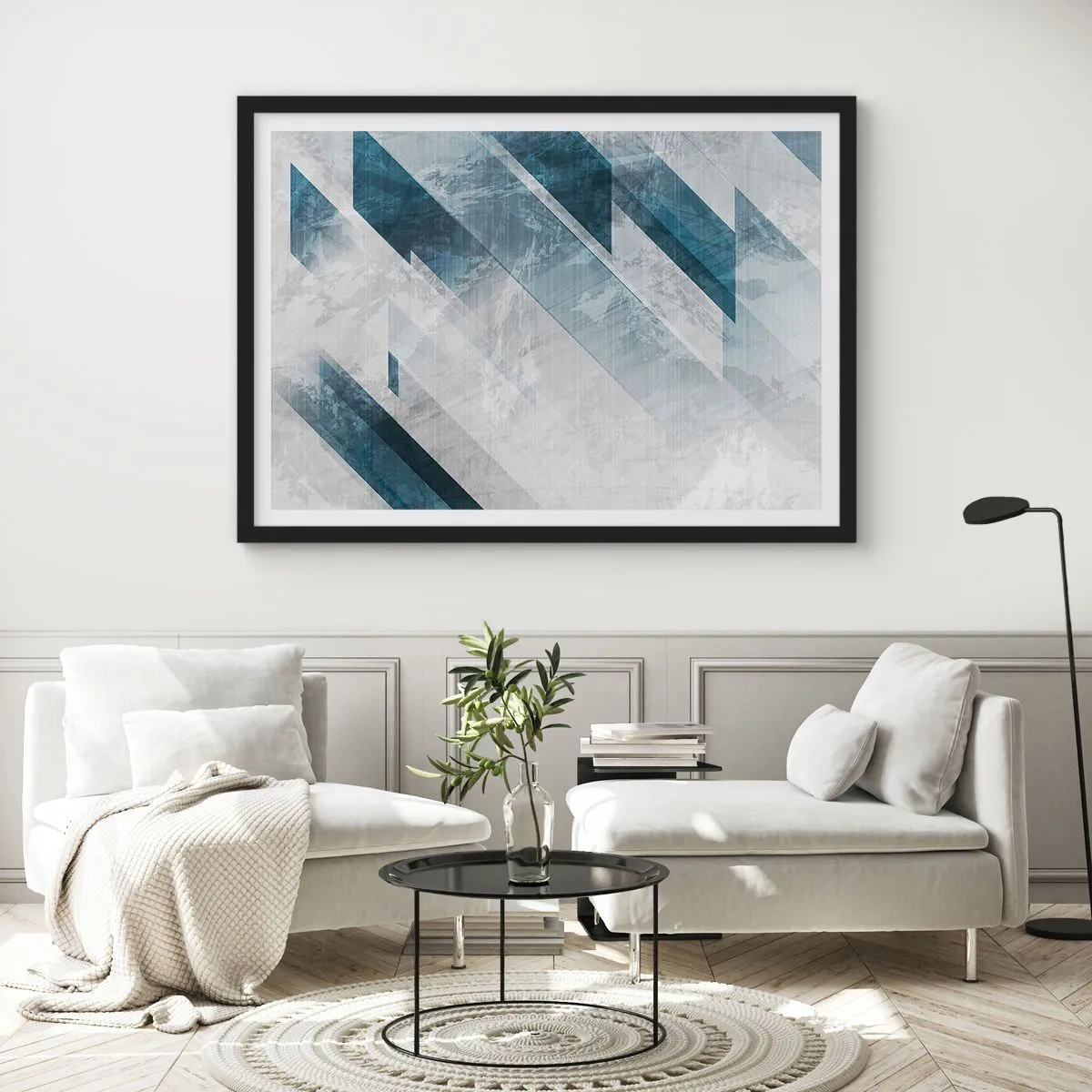 Póster en marco negro - Composición espacial - movimiento de grises - 91x61 cm