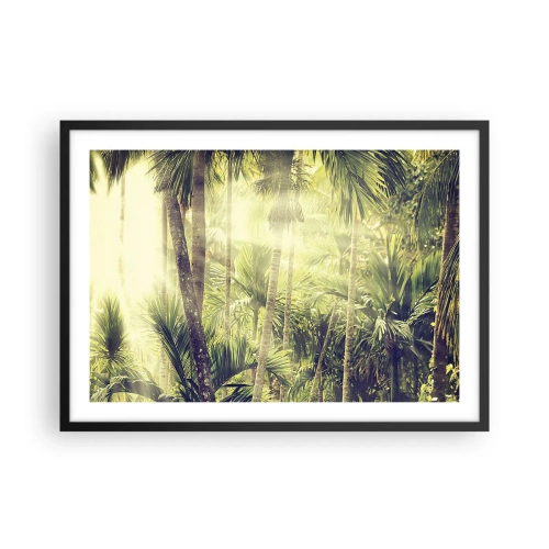 Póster en marco negro - Rayos de sol en un bosque tropical de palmeras - 70x50cm - En el cálido verde - Decoración de pared moderna para salón y dormitorio ARTTOR