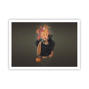 Póster - Retrato de una mujer con motivos otoñales y un gato. - 100x70cm - Hechizo de bruja - Decoración de pared moderna para salón y dormitorio ARTTOR