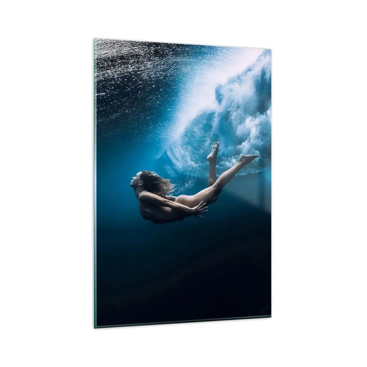 Cuadro sobre vidrio - Impresiones sobre Vidrio - Fotografía submarina con una mujer y burbujas de aire. - 80x120cm - Una sirena contemporánea - Decoración de pared moderna para salón y dormitorio ARTTOR