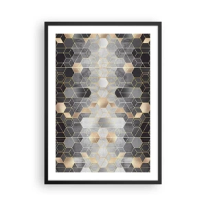 Póster en marco negro - Patrón hexagonal geométrico en tonos dorados y grises. - 50x70cm - Composición de diamantes - Decoración de pared moderna para salón y dormitorio ARTTOR