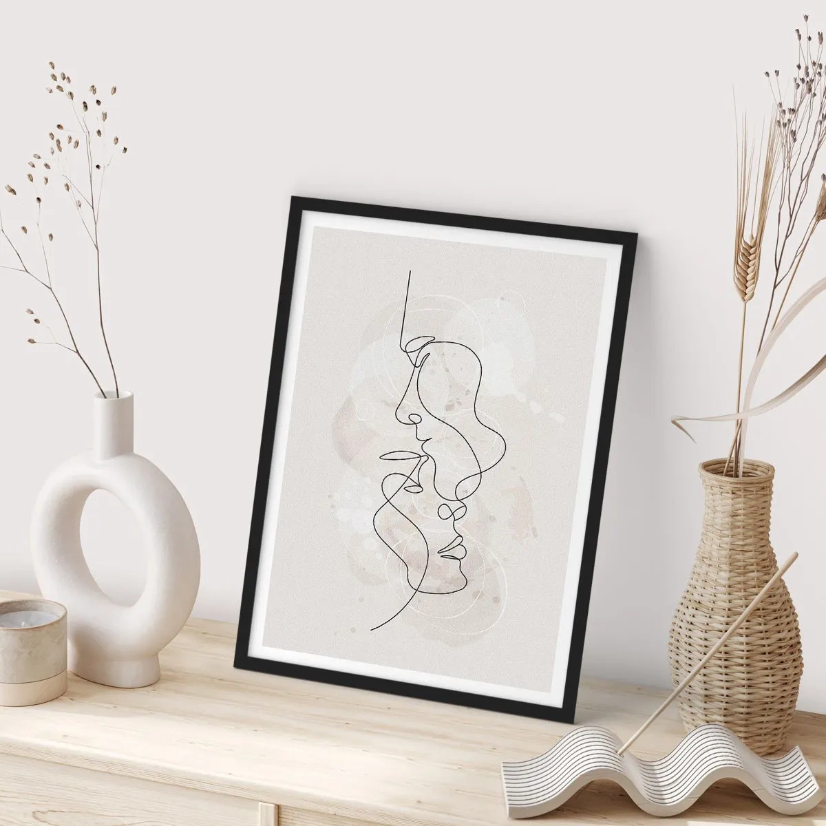 Póster en marco negro - Arte facial minimalista creado con una sola línea. - 50x70cm - En un abrazo - Decoración de pared moderna para salón y dormitorio ARTTOR
