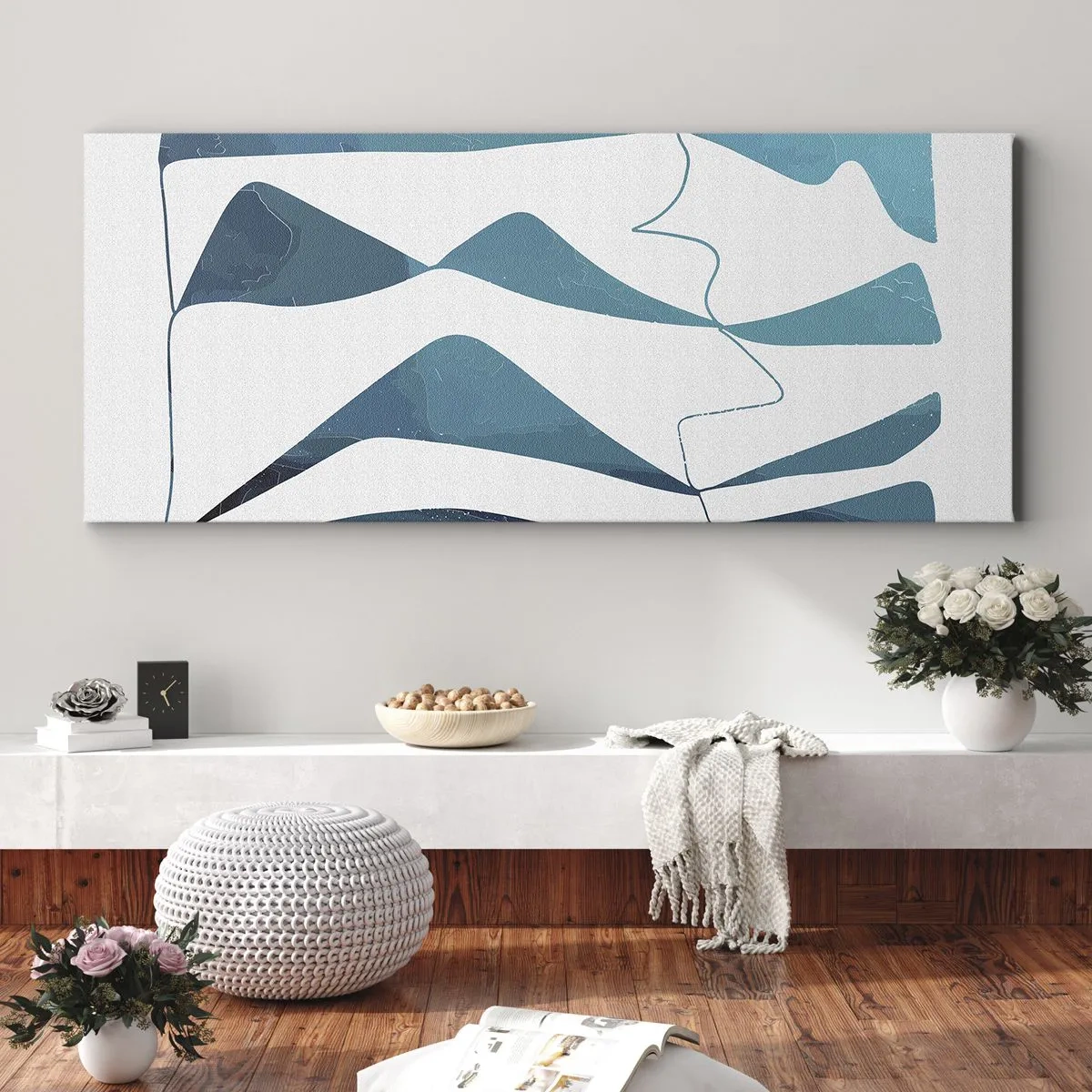 Cuadro sobre lienzo - Impresión de Imagen - Formas abstractas en tonos azules sobre un fondo blanco. - 140x50cm - Abstracción: un compuesto turquesa - Decoración de pared moderna para salón y dormitorio ARTTOR
