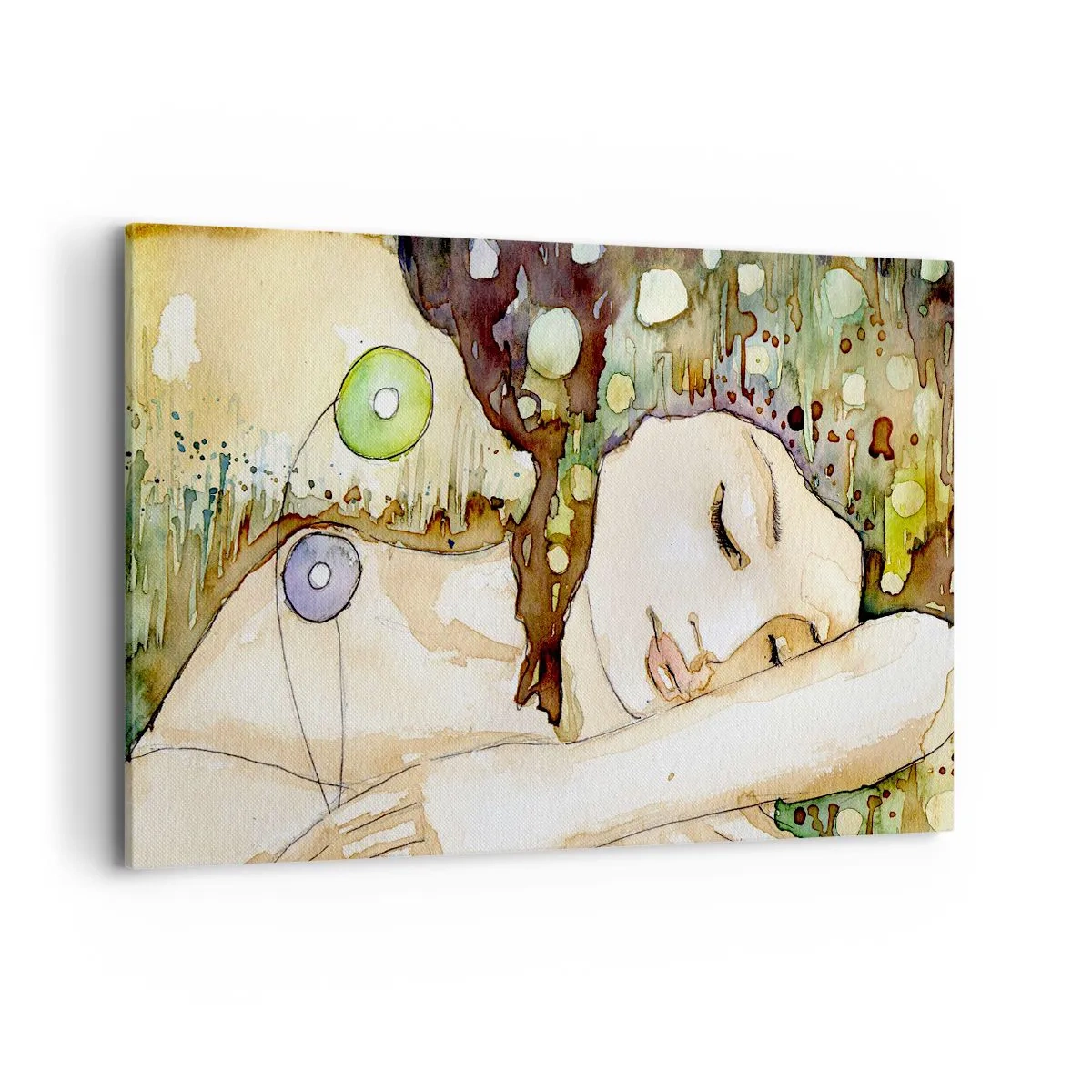 Cuadro sobre lienzo - Impresión de Imagen - Una mujer soñando rodeada de formas y colores abstractos. - 120x80cm - Sueño esmeralda y violeta - Decoración de pared moderna para salón y dormitorio ARTTOR