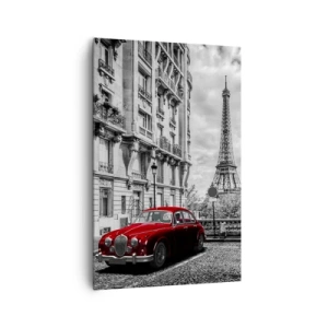 Cuadro sobre lienzo - Impresión de Imagen - Un coche rojo con la Torre Eiffel al fondo en un entorno en blanco y negro. - 80x120cm - Un depredador en la ciudad - Decoración de pared moderna para salón y dormitorio ARTTOR