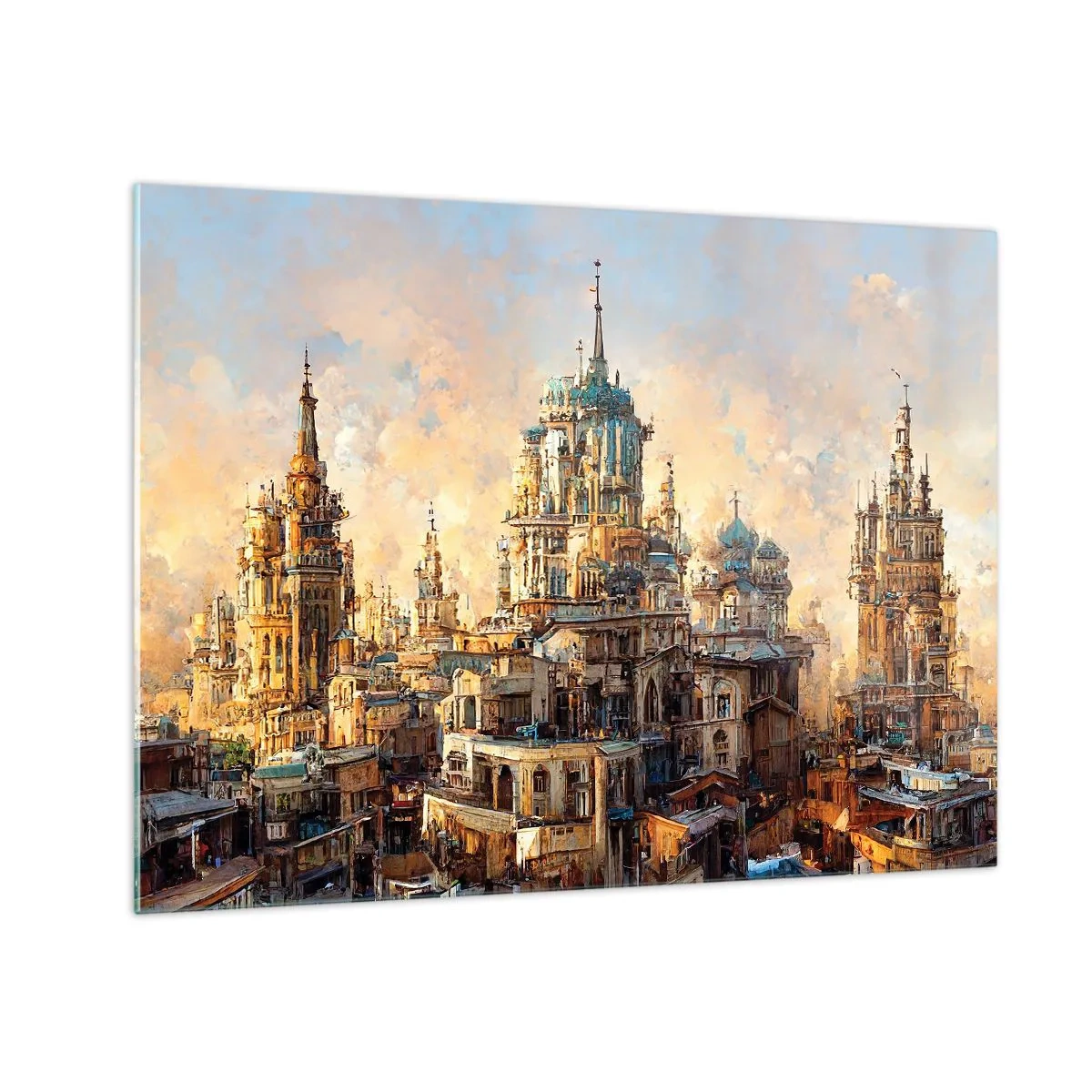Cuadro sobre vidrio - Impresiones sobre Vidrio - Un fantástico panorama de la ciudad con torres y palacios. - 70x50cm - Una ciudad de ciudades - Decoración de pared moderna para salón y dormitorio ARTTOR