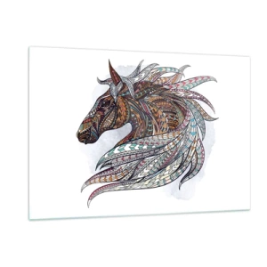 Cuadro sobre vidrio - Impresiones sobre Vidrio - Caballo colorido en estilo artístico con patrones geométricos. - 120x80cm - El corcel de un guerrero celta - Decoración de pared moderna para salón y dormitorio ARTTOR