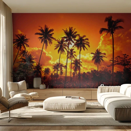 Fotomural Premium Sand - Palmeras contra un cielo dorado al atardecer - 100x70cm - Las montañas arden, los bosques arden - Decoración de pared moderna para salón y dormitorio ARTTOR