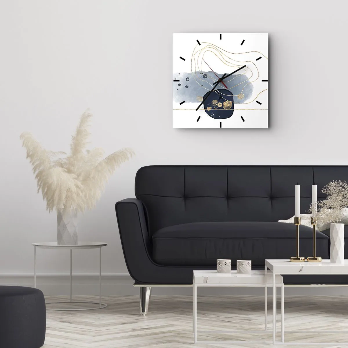 Reloj de pared - Reloj de vidrio - Abstracción en tonos azules y dorados. - 30x30cm - Fantasía azul y oro - Decoración de pared moderna para salón y dormitorio ARTTOR