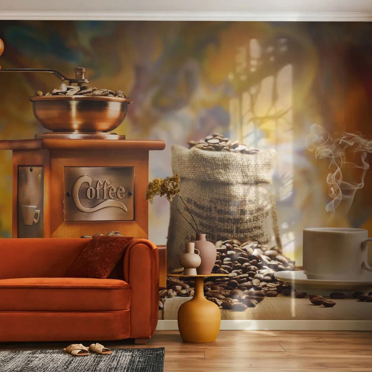 Fotomural Standard Eco - Un molinillo de café, una bolsa de granos y una taza de café humeante. - 100x70cm - El crujido de los granos, el ruido del molino - Decoración de pared moderna para salón y dormitorio ARTTOR