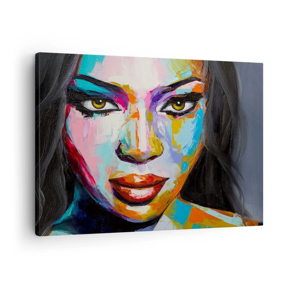 Cuadro sobre lienzo - Impresión de Imagen - Un retrato colorido de una mujer con una mirada intensa. - 70x50cm - Mirada penetrante - Decoración de pared moderna para salón y dormitorio ARTTOR