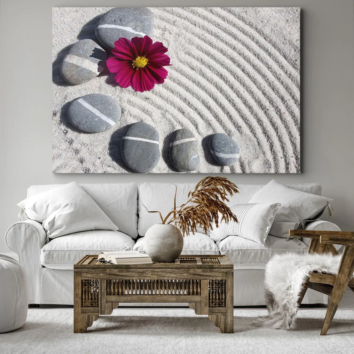 Cuadro sobre lienzo - Impresión de Imagen - Piedras y una flor rosa sobre la arena en estilo zen. - 70x50cm - Energía y paz del círculo mágico de la naturaleza - Decoración de pared moderna para salón y dormitorio ARTTOR