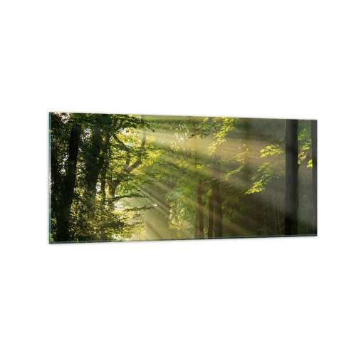 Cuadro sobre vidrio - Impresiones sobre Vidrio - Camino forestal con rayos de sol brillando a través de los árboles. - 120x50cm - Un momento en el bosque - Decoración de pared moderna para salón y dormitorio ARTTOR