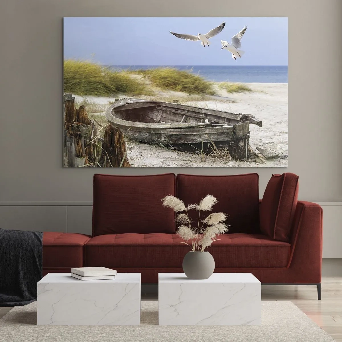 Cuadro sobre vidrio - Impresiones sobre Vidrio - Barco de madera en la playa con gaviotas en vuelo - 120x80cm - Bañada por el viento - Decoración de pared moderna para salón y dormitorio ARTTOR