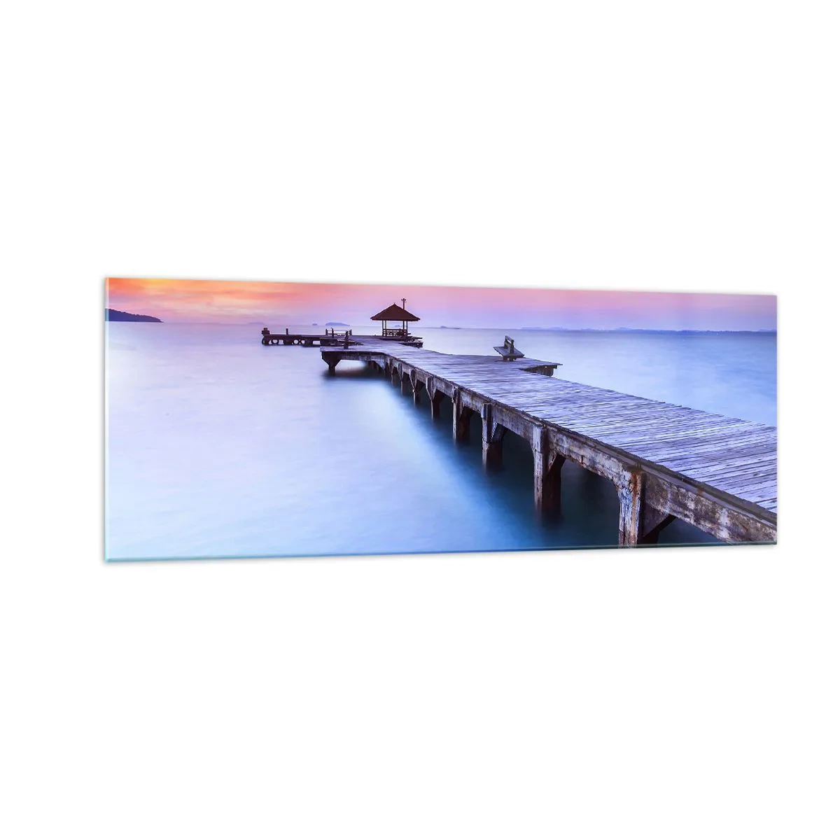 Cuadro sobre vidrio - Impresiones sobre Vidrio - Muelle de madera que conduce al agua durante la puesta de sol. - 140x50cm - Un mar de calma hasta el horizonte - Decoración de pared moderna para salón y dormitorio ARTTOR