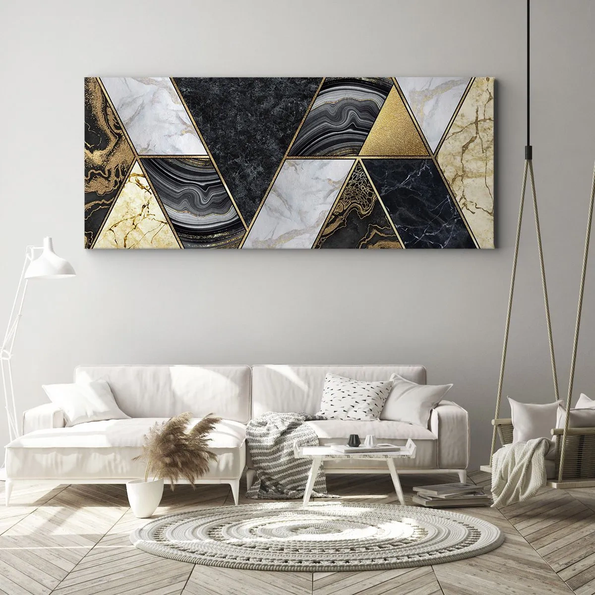 Cuadro sobre lienzo - Impresión de Imagen - Triángulos geométricos en dorado, mármol y tonos oscuros. - 140x50cm - Collage de piedras - Decoración de pared moderna para salón y dormitorio ARTTOR