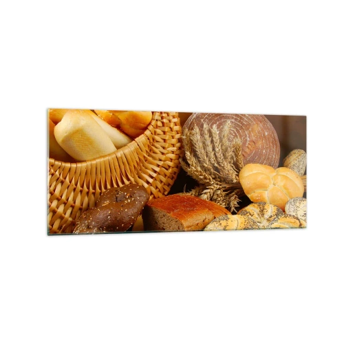 Cuadro sobre vidrio - Impresiones sobre Vidrio - Varios panes en una cesta de mimbre sobre un fondo dorado. - 120x50cm - Nos han vuelto a hornear - Decoración de pared moderna para salón y dormitorio ARTTOR