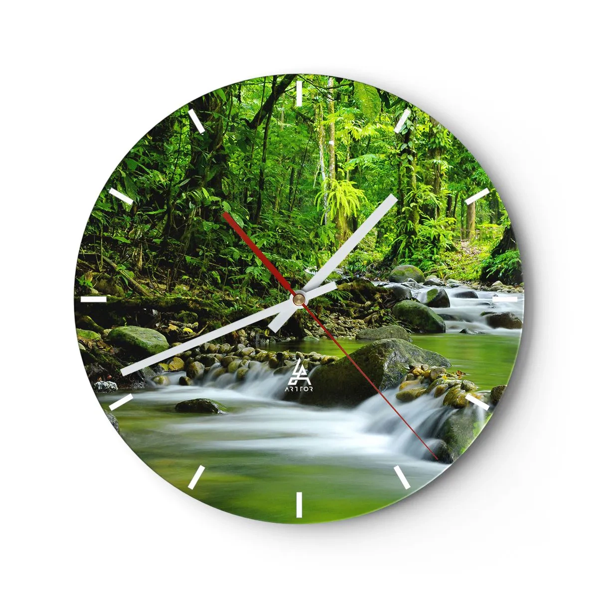 Reloj de pared - Reloj de vidrio - Un arroyo en una selva tropical - 30x30cm - Flotar en un mar de verde - Decoración de pared moderna para salón, cocina y dormitorio ARTTOR