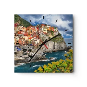 Reloj de pared - Reloj de vidrio - Casas coloridas en un acantilado con vistas al mar en Cinque Terre - 30x30cm - En el acantilado - Decoración de pared moderna para salón y dormitorio ARTTOR