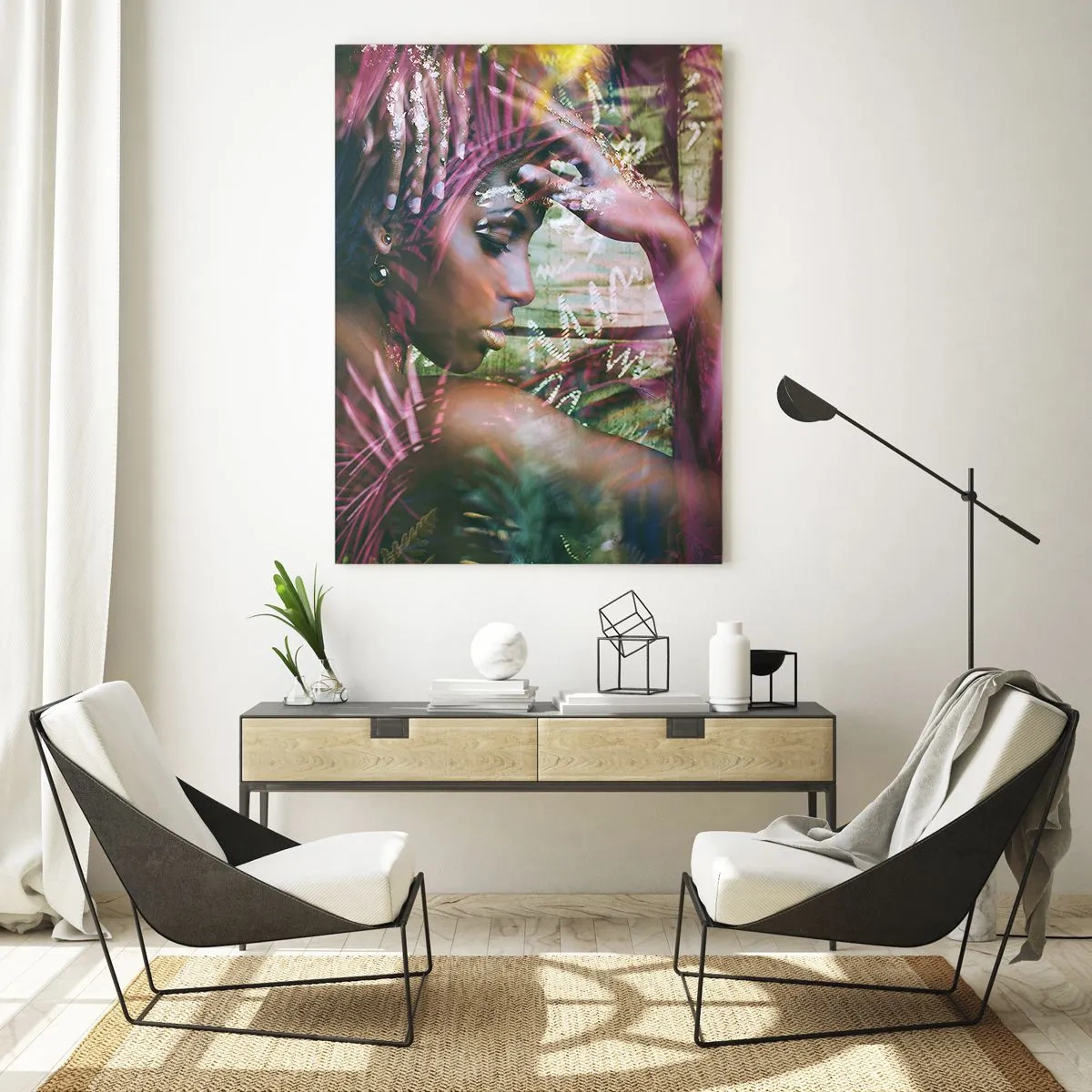 Cuadro sobre vidrio - Impresiones sobre Vidrio - Retrato de una mujer entre hojas tropicales y reflejos de luz. - 50x70cm - La madre naturaleza en la selva - Decoración de pared moderna para salón y dormitorio ARTTOR